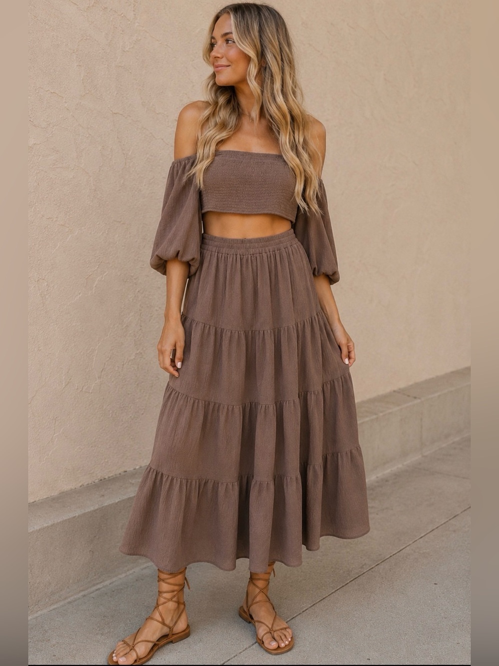 Two Piece Puff Sleeve Crop Top and Maxi Skirt, Brown SmallBoho Beach Vacation